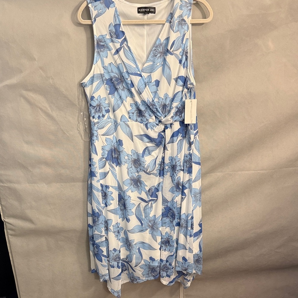 Harper White and Blue Floral Midi Dress